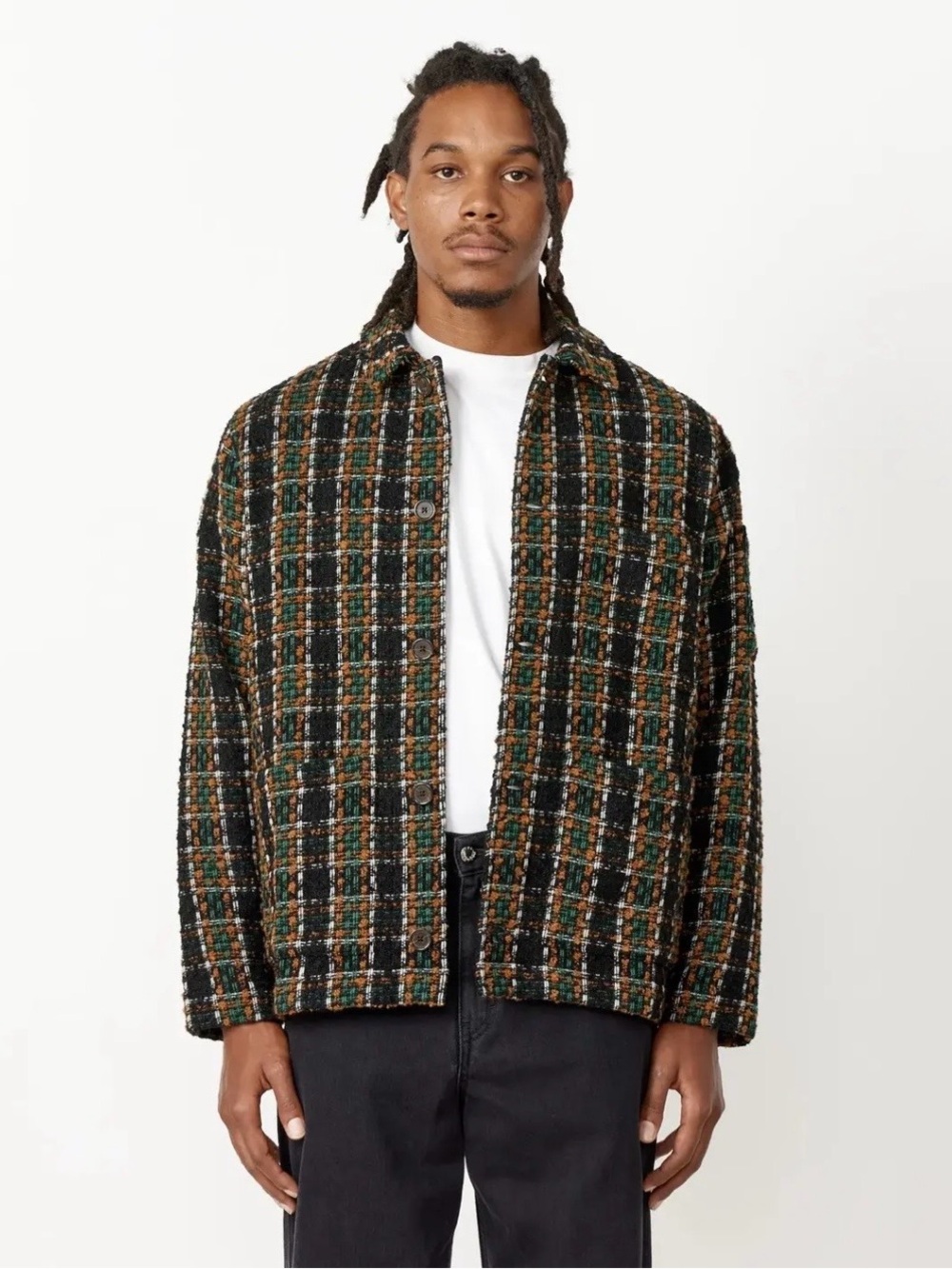 Universal Works Coverall Jacket in the Charcoal Crazy Check Wool Mix